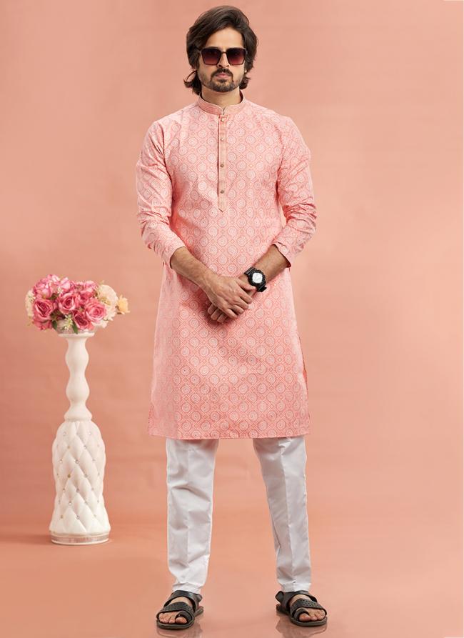 Art Cotton Silk Pink Traditional Wear Thread Work Kurta Pajama